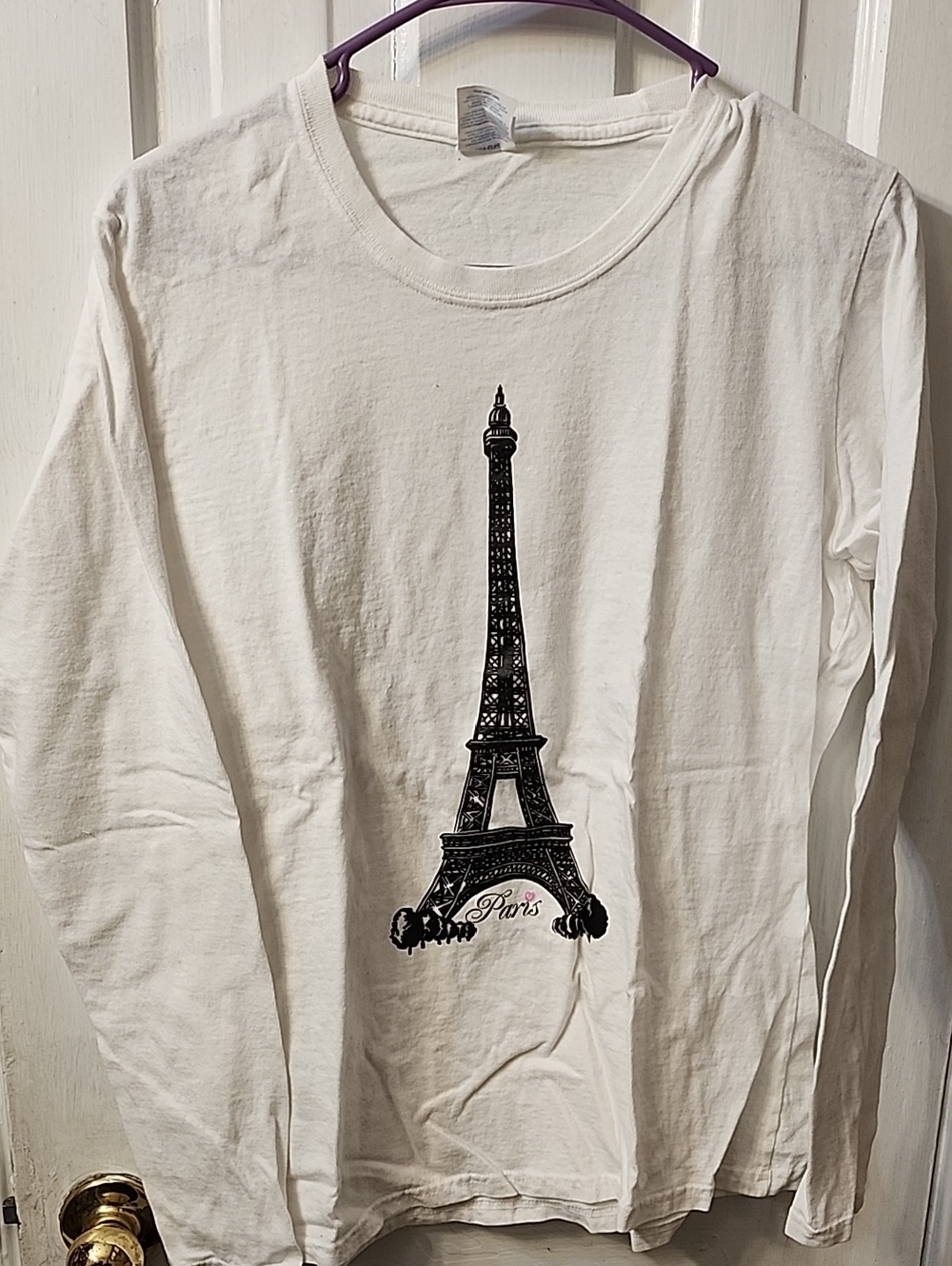 White Long Sleeve Tee with Black Eiffel Tower Graphic